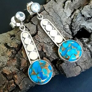 Handcrafted Copper Blue Turquoise Silver Earrings